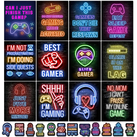 LIDECOR 24 PCS, Neon Gaming Posters, Gaming Room Decor Teen Boys, Gamer Room Decor for Boys, Game Room Accessories, Gift for Game Lovers, No Frame(8 X 10 INCHES)