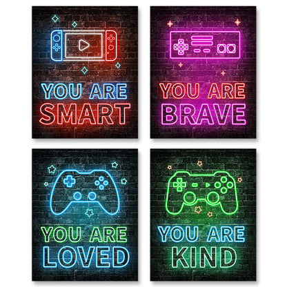 Neon Video Game Decor Set of 4(8"x10"), Boys Room Decorations for Bedroom, Encouragement Gaming Wall Art for Kids Boy Playroom Home Decor, gamer wall art, Teen boy bedroom, No Frames