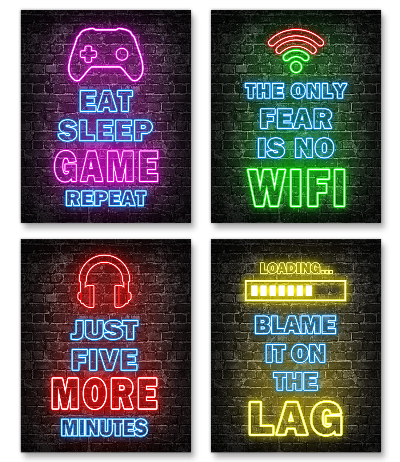 Printed Neon Gaming Posters Set of 4 (8”X 10”), Boys Room Decorations for Bedroom,Video Game Wall Art,Gamer, Teen boy bedroom, game room, No Frames - amzGamess