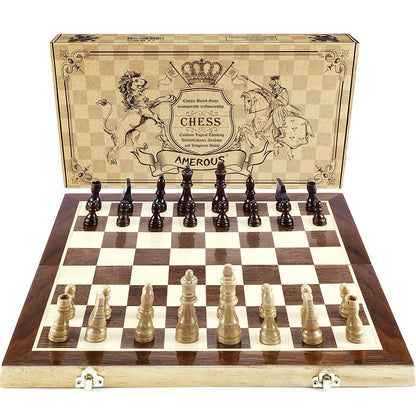 AMEROUS Chess Set, 15"x15" Folding Magnetic Wooden Standard Chess Game Board Set with Wooden Crafted Pieces and Chessmen Storage Slots