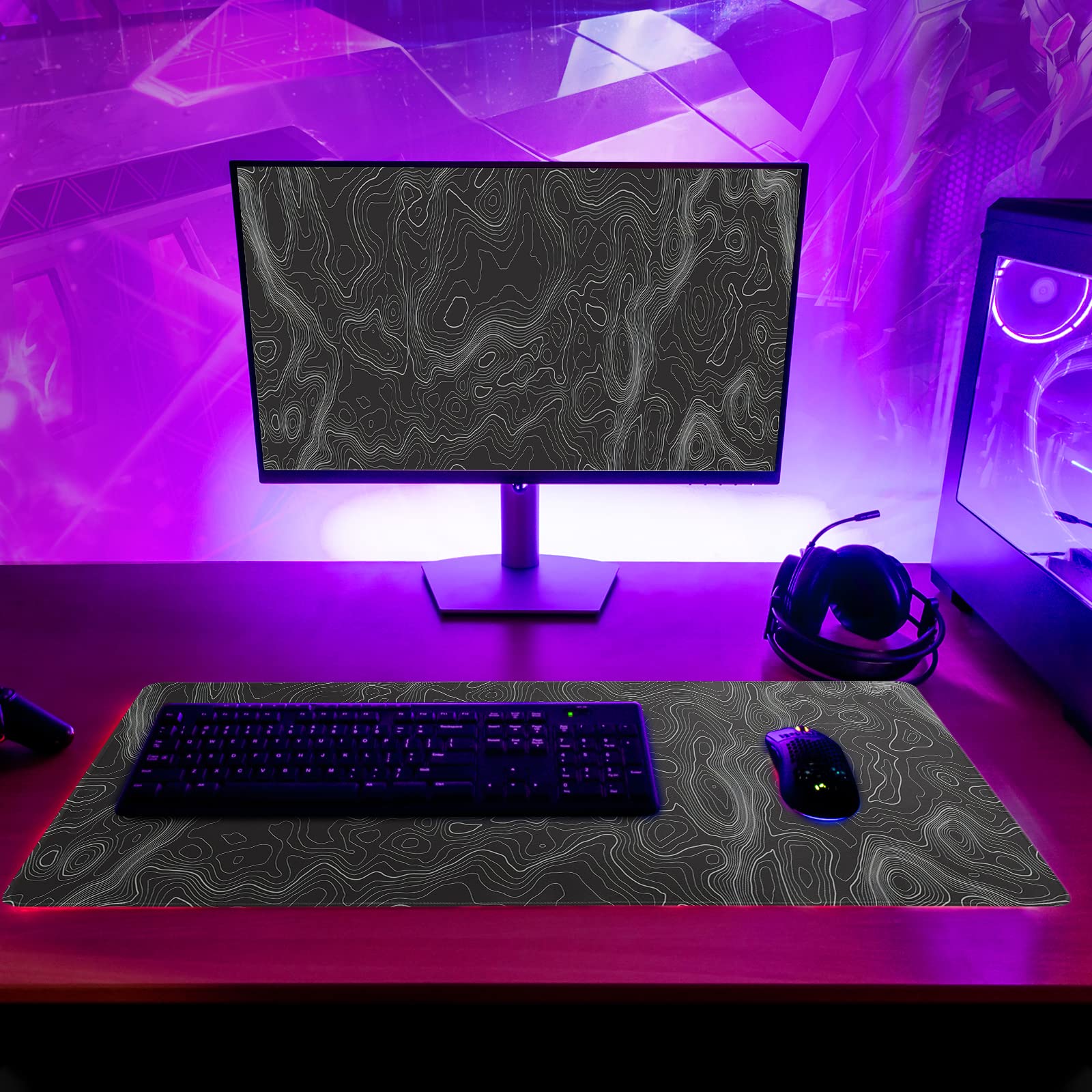Topographic Contour Extended Big Mouse Pad Large,Gaming Mouse Pad Desk Pad,27.6x11.8 Inch Long Computer Keyboard Mouse Mat Mousepad with 3mm Non-Slip Base and Stitched Edge for Gaming and Office - amzGamess