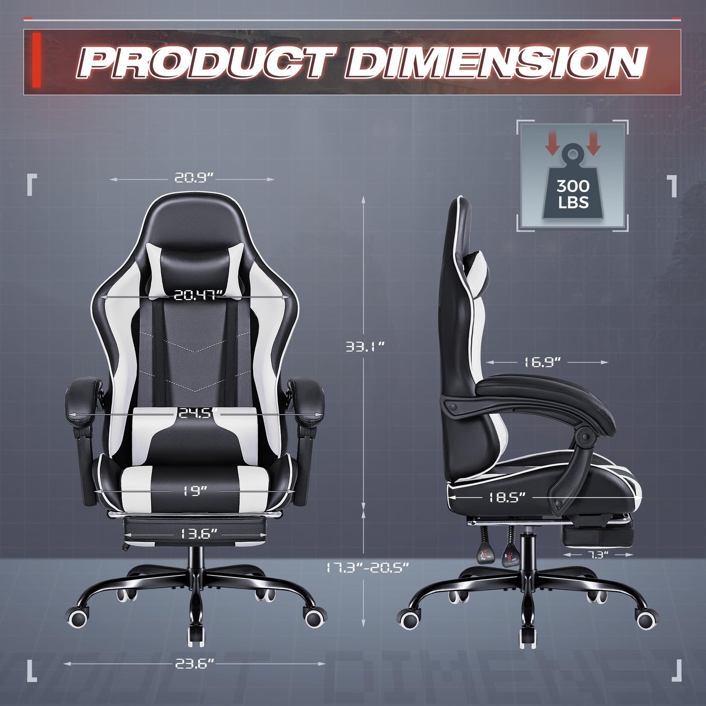 Furmax Gaming Chair, Video Game Chair with Footrest and Massage Lumbar Support, Swivel Seat Height Adjustable Computer Chair with Headrest, Racing E-Sport Gamer Chair (White)