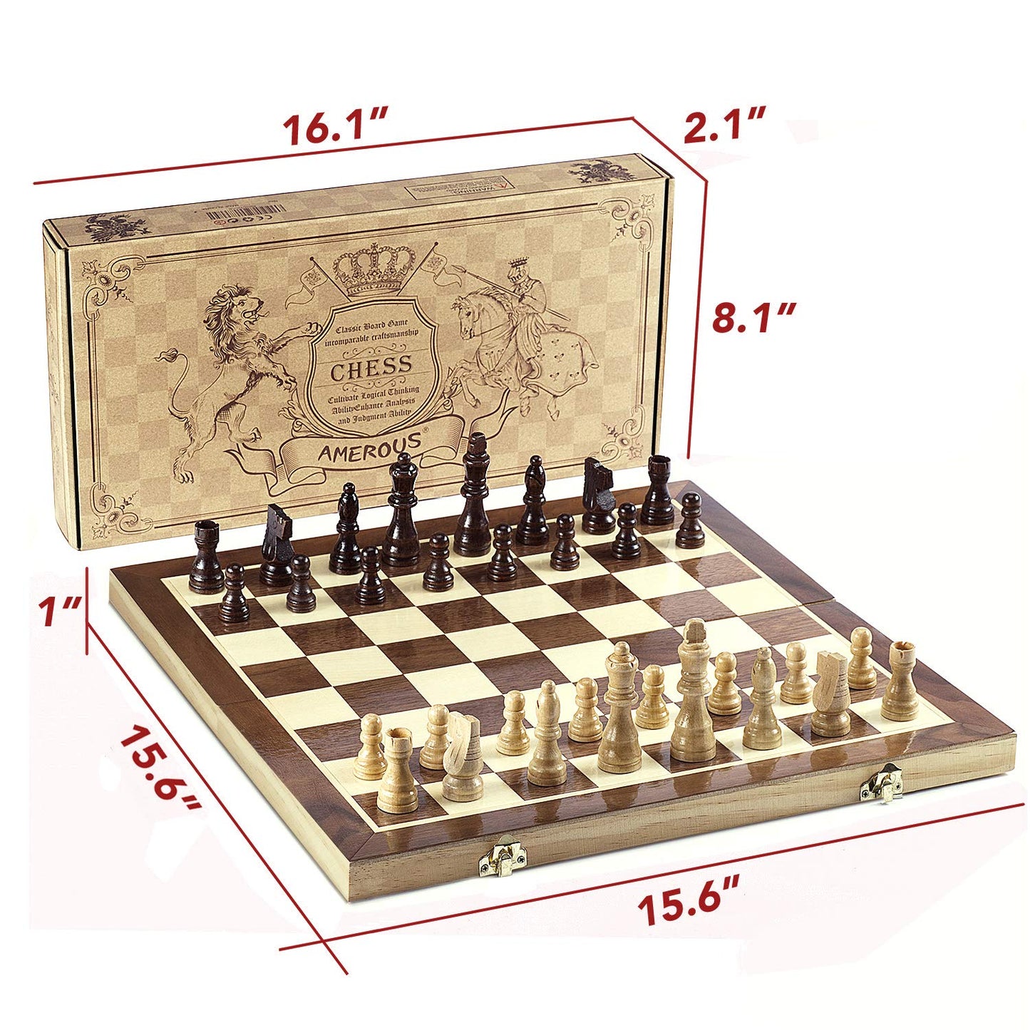 AMEROUS Chess Set, 15"x15" Folding Magnetic Wooden Standard Chess Game Board Set with Wooden Crafted Pieces and Chessmen Storage Slots