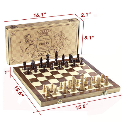 AMEROUS Chess Set, 15"x15" Folding Magnetic Wooden Standard Chess Game Board Set with Wooden Crafted Pieces and Chessmen Storage Slots