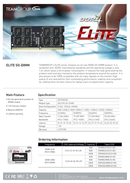 TEAMGROUP ELITE DDR4 32GB Kit (2 x 16GB) 3200MHz (2933MHz or 2666MHz) PC4-25600 CL22 Unbuffered Non-ECC 1.2V SODIMM 260-Pin Laptop Notebook PC Computer Memory Module Ram Upgrade - TED432G3200C22DC-S01