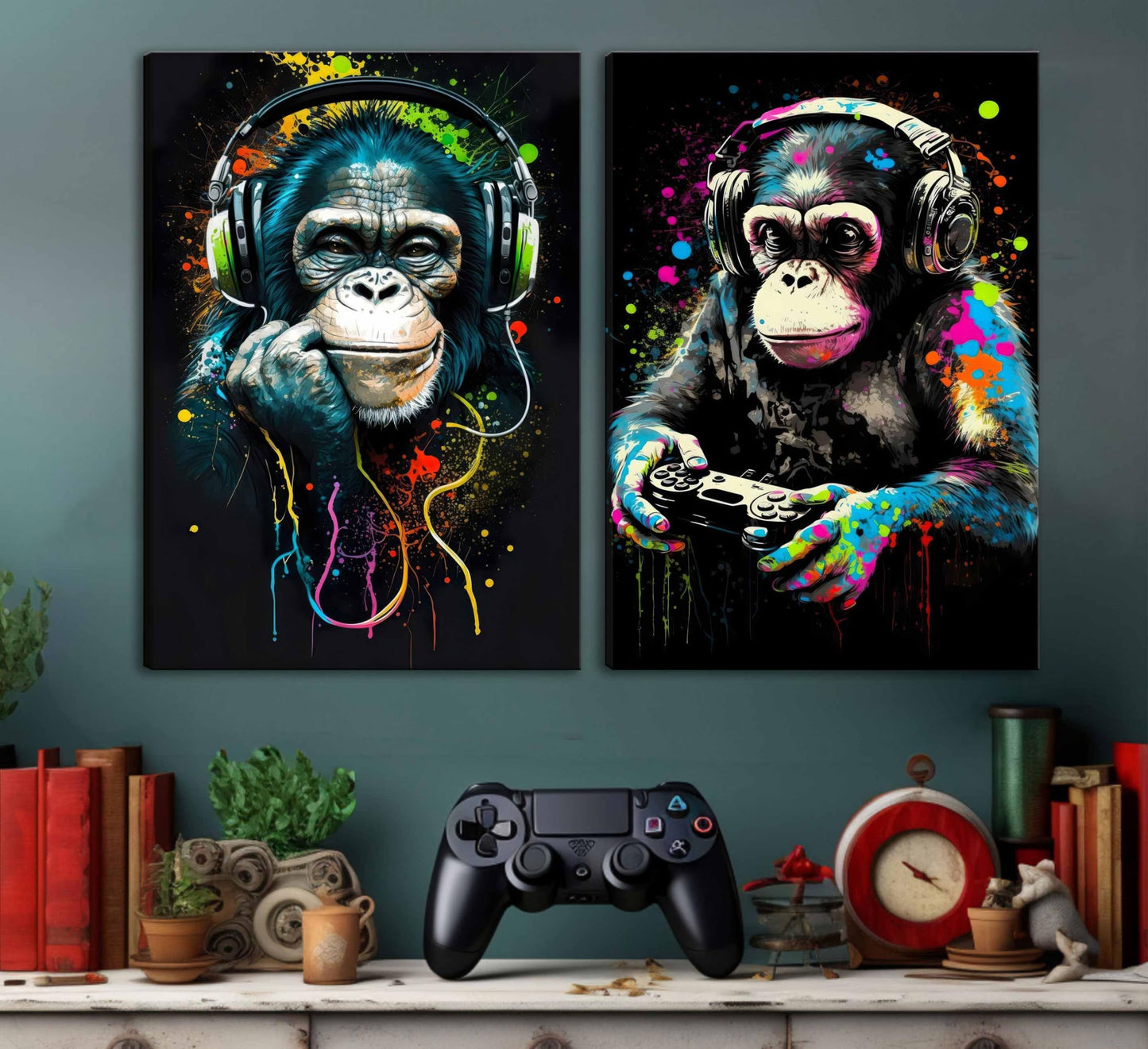 Graffiti Gaming Canvas Wall Art Game Room Decor Boys Gamer Controller Poster Animals Vintage Watercolor Cool Music Chimpanzee Pictures Painting Boys teeny Room Kids Game for Room Bedroom Decoration