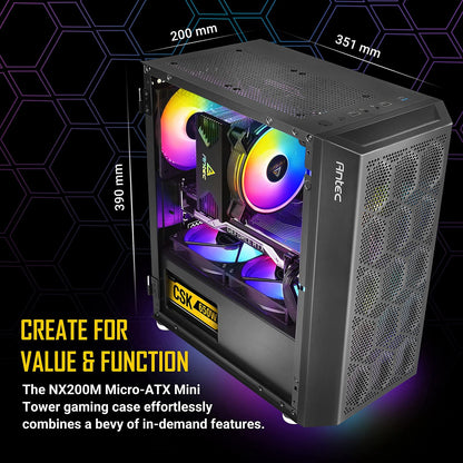 Antec NX200 M, Micro-ATX Tower, Mini-Tower Computer Case with 120mm Rear Fan Pre-Installed, Mesh Design in Front Panel Ventilated Airflow, NX Series, Black, (CJ11132623)