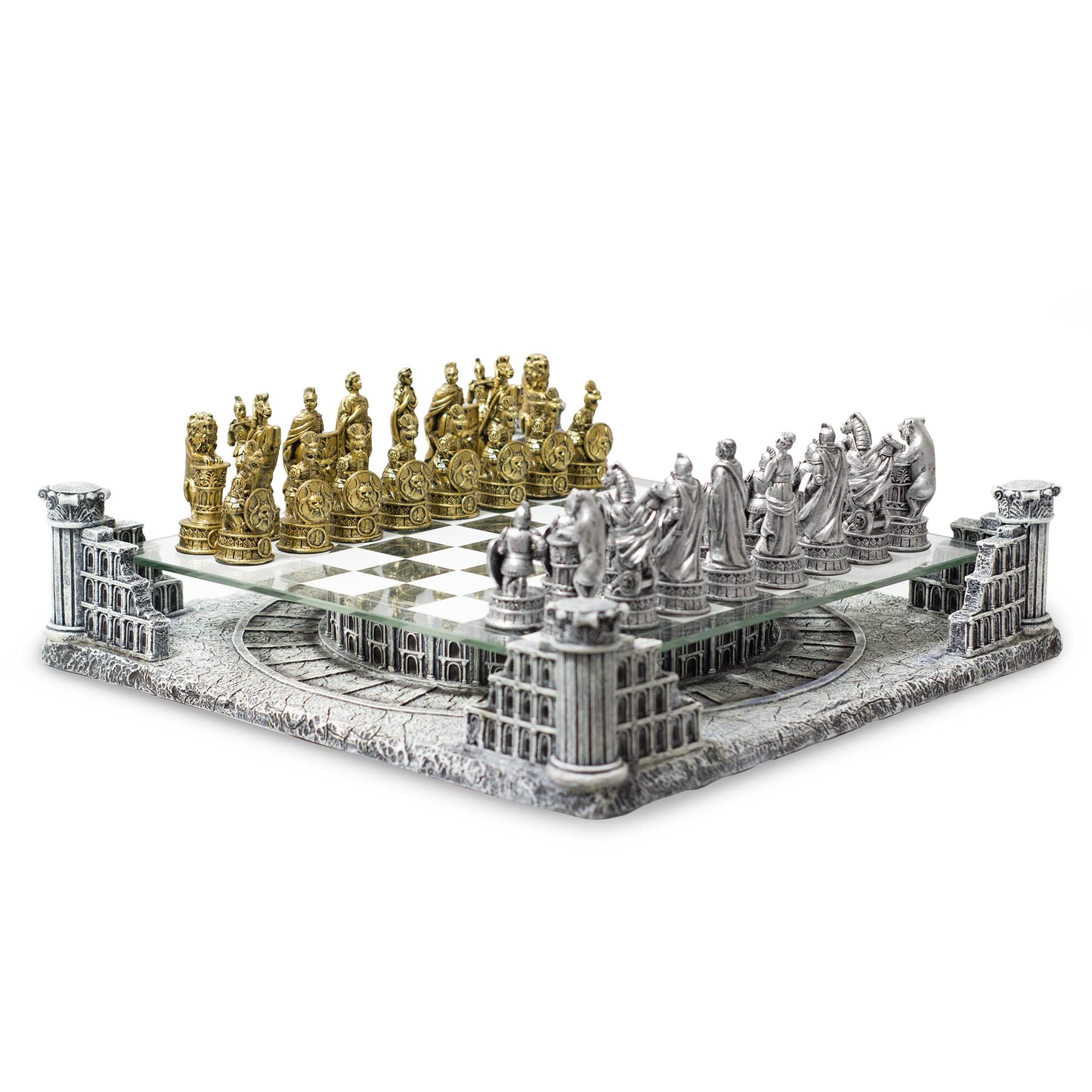 BB Brother Brother Ancient Roman Gladiators 3D Chess Board Game Set, Glass Board, Handmade Gold and Silver Polyresin Chess Pieces For 2 Players