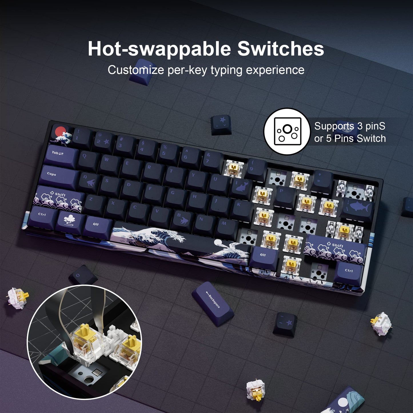 HITIME XVX 60% Gaming Keyboard, RGB Wireless Mechanical Keyboard, Mini 60 Percent Gamer Keyboard with Hot-Swappable Gateron G Yellow Pro Switch for Windows & Mac (Great Wave Off Kanagawa)