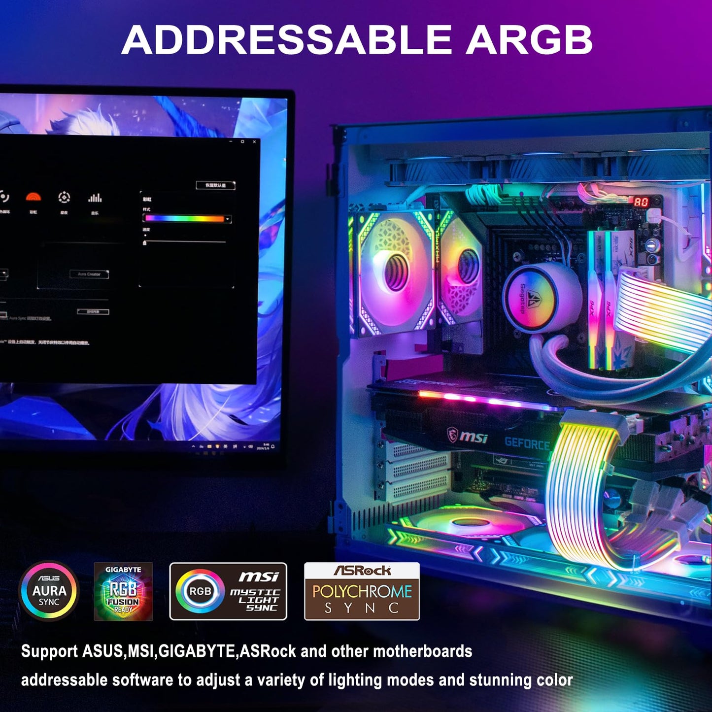 Sirlyr PC RGB Strips,Addressable ARGB Strip Compatible 24Pin Motherboard Extension Cable PSU Cables,5V3Pin SYNC for Computer Cases Build 8In