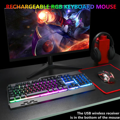 Wireless RGB Backlit Gaming Keyboard and Mouse, Rechargeable, Long Battery Life, Metal Panel Mechanical Feel Keyboard with Palm Rest, 7 Color Mouse and Mouse Pad for Game and Work - amzGamess