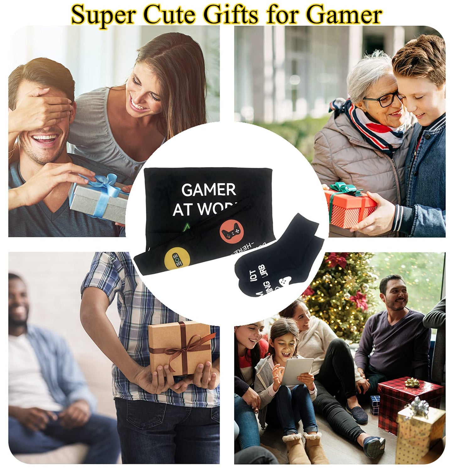 Gamer Gifts, Pocket Design Throw Pillow Covers 18 x 18 Inch + Gamer Socks, Gaming Room Décor Stocking Stuffers Easter Basket Stuffers for Teen Boys Girls Men Father Boyfriends - amzGamess