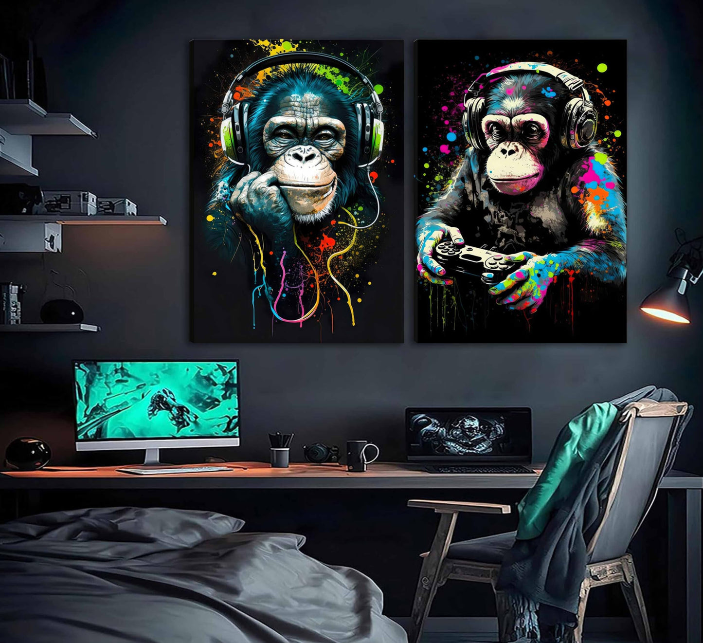 Graffiti Gaming Canvas Wall Art Game Room Decor Boys Gamer Controller Poster Animals Vintage Watercolor Cool Music Chimpanzee Pictures Painting Boys teeny Room Kids Game for Room Bedroom Decoration