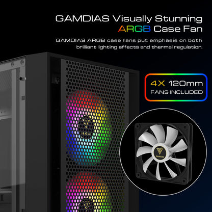 GAMDIAS ATX Mid Tower Gaming Computer PC Case with Side Tempered Glass, 4X 120mm ARGB Case Fans and Sync with 5V RGB Motherboard and Excellent Airflow