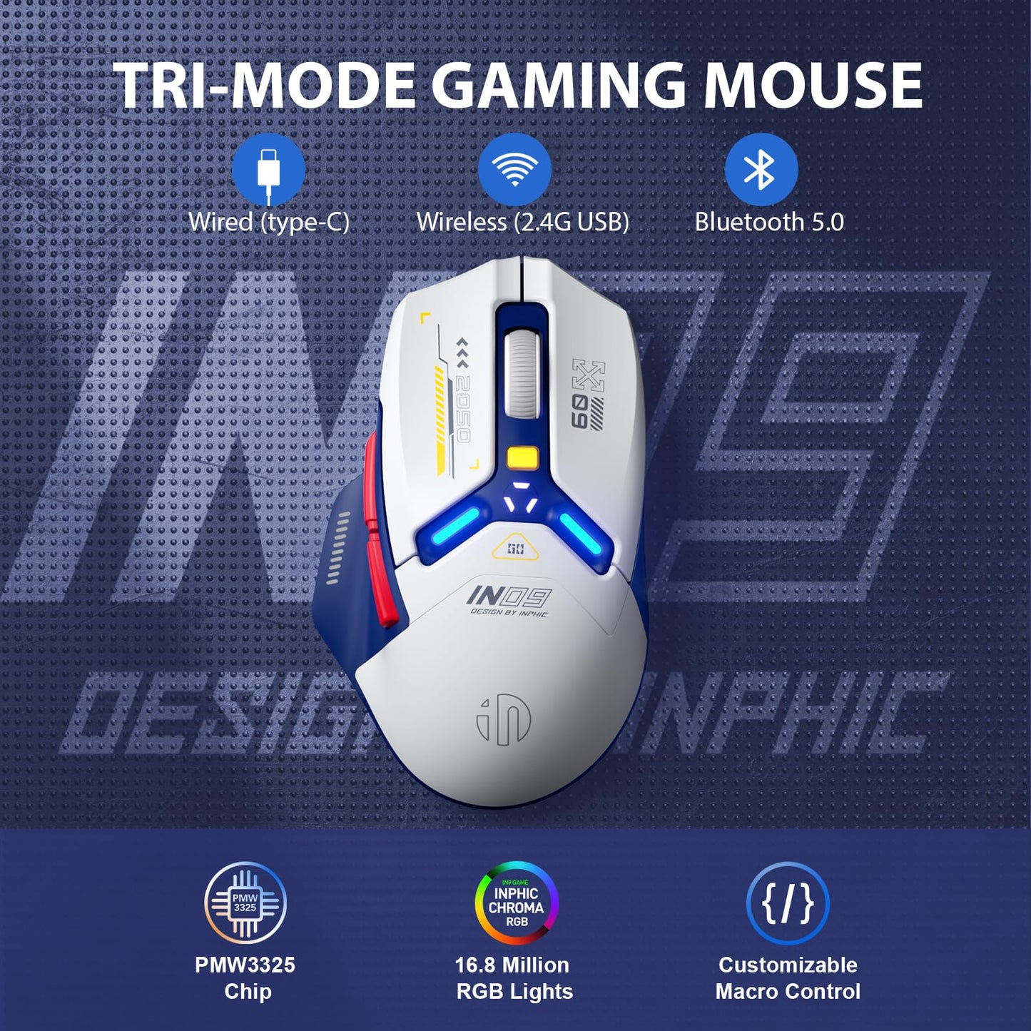 INPHIC IN9 Wireless Gaming Mouse, True Tri-Mode Bluetooth/Type-CWired/2.4G Wireless Mouse, 10000 DPl, Fully Programmable, RGB Backlit, Rechargeable Wireless Computer Mouse for Laptop PC Mac-White-Blue