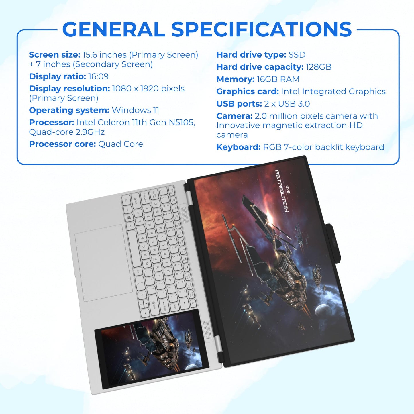 thunderb Dual Screen Laptop 15.6" + 7" | 16GB RAM | 128GB SSD | Intel Quad Core