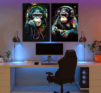 Graffiti Gaming Canvas Wall Art Game Room Decor Boys Gamer Controller Poster Animals Vintage Watercolor Cool Music Chimpanzee Pictures Painting Boys teeny Room Kids Game for Room Bedroom Decoration