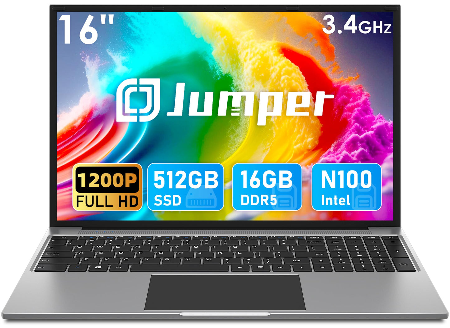 jumper Laptop, 16 Inch Laptops, Alder Lake-N100 Quad Core CPU(Up to 3.4GHz), 16GB RAM 512GGB SSD, 4 Speakers.