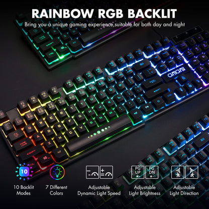 CHONCHOW Wired Gaming Keyboard for Mac PC PS5 PS4 Xbox One Gamers, RGB Backlit LED Mechanical Feel Keyboard with Multimedia Keys Number Pad, 104 Keys USB Desktop Computer Windows Keyboard (Black) - amzGamess