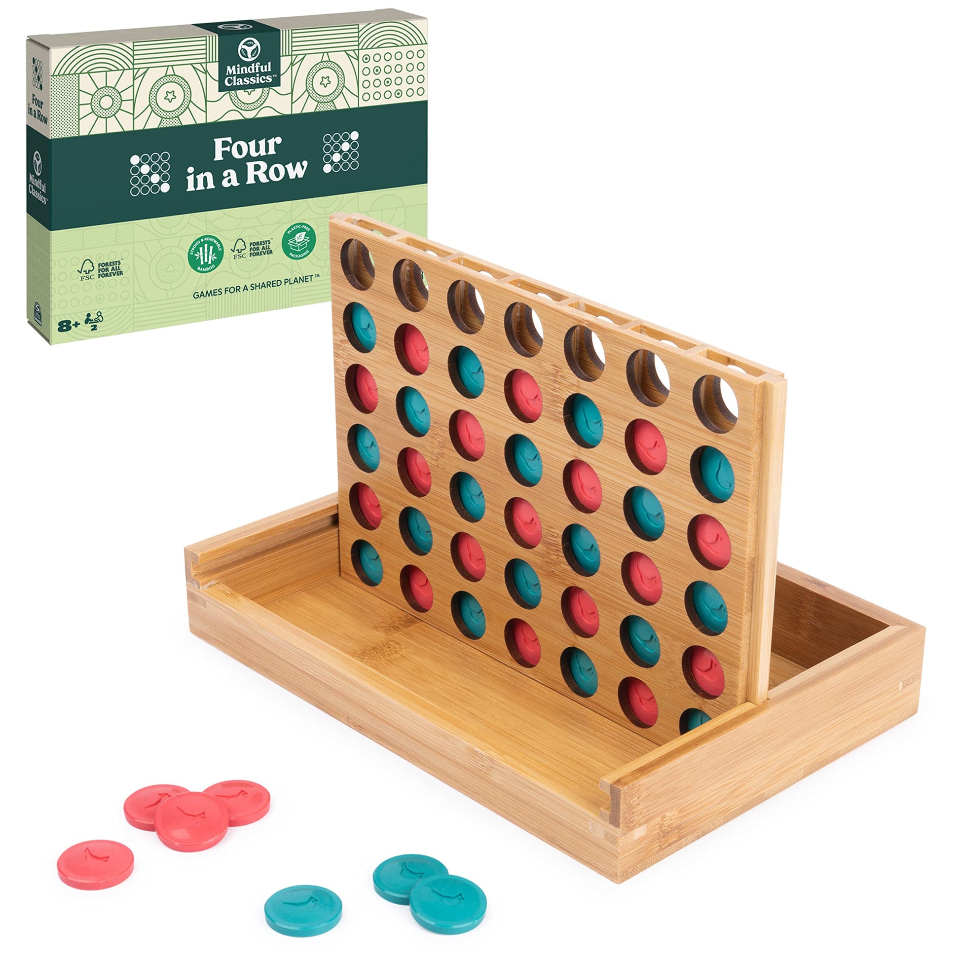 Mindful Classics, Four in a Row Family Board Game with Bamboo and Recycled Plastic Earth Day Eco-Friendly Products, for Adults and Kids Ages 8 and up - amzGamess