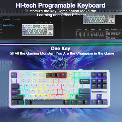 AULA F87 Wireless Mechanical Keyboard,75% TKL Gasket Custom Hot Swappable Keyboard,2.4Ghz/Type-C/Bluetooth Gaming Keyboard,Pre-lubed Greywood Switch RGB Backlit Keyboard for WINS/PC/Mac (White & Blue)