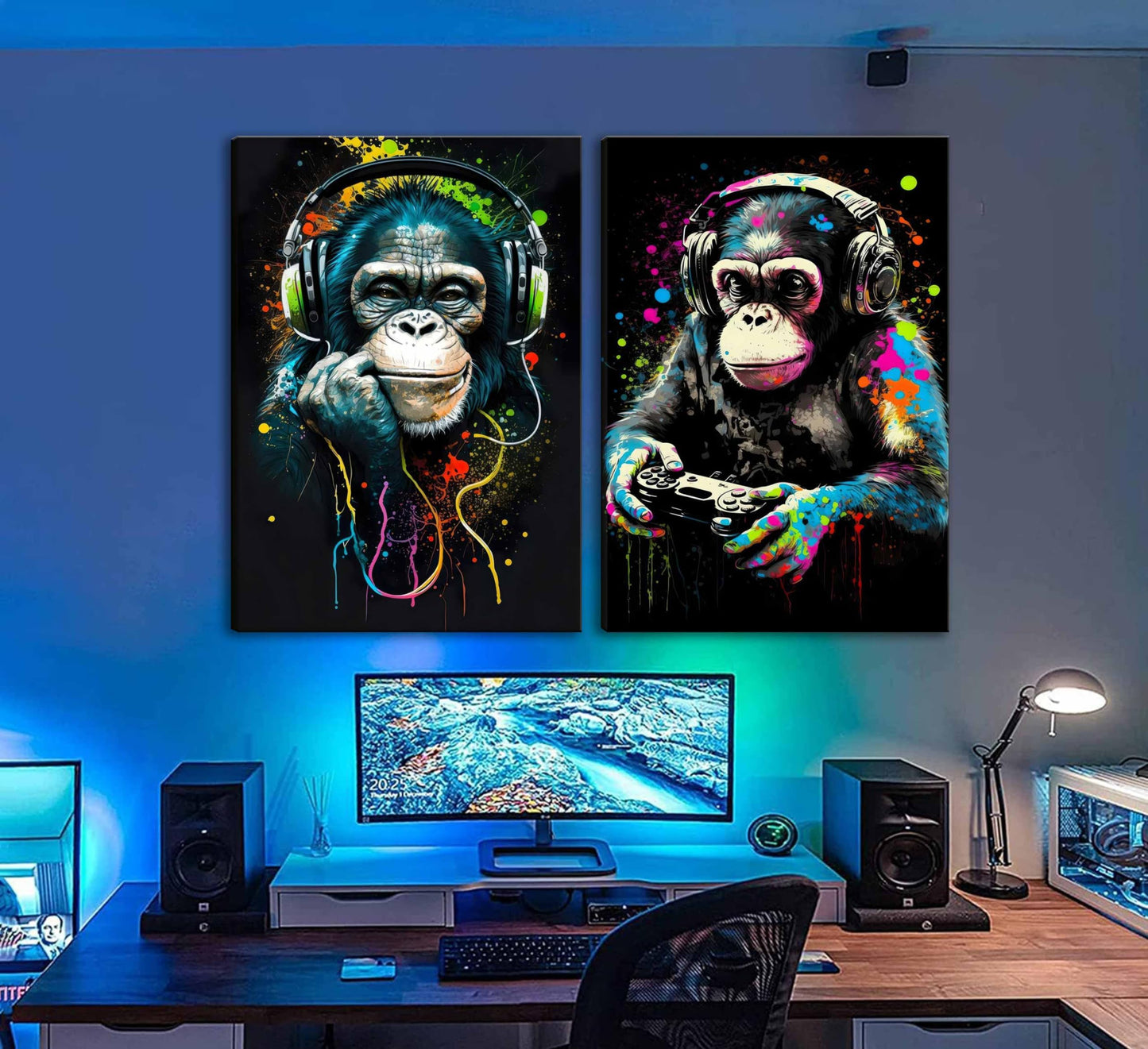 Graffiti Gaming Canvas Wall Art Game Room Decor Boys Gamer Controller Poster Animals Vintage Watercolor Cool Music Chimpanzee Pictures Painting Boys teeny Room Kids Game for Room Bedroom Decoration