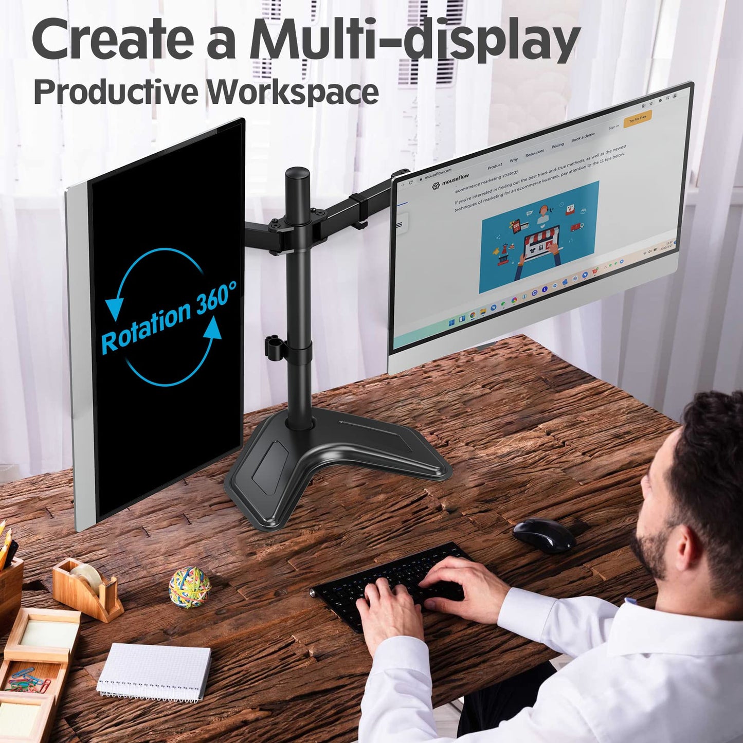 MOUNTUP Dual Monitor Stand, Free-Standing Monitor Stands for 2 Monitors up to 27 inches, 17.6 lbs Each, Fully Adjustable Dual Monitor Mount for Desk, VESA Stand 75x75mm, 100x100mm