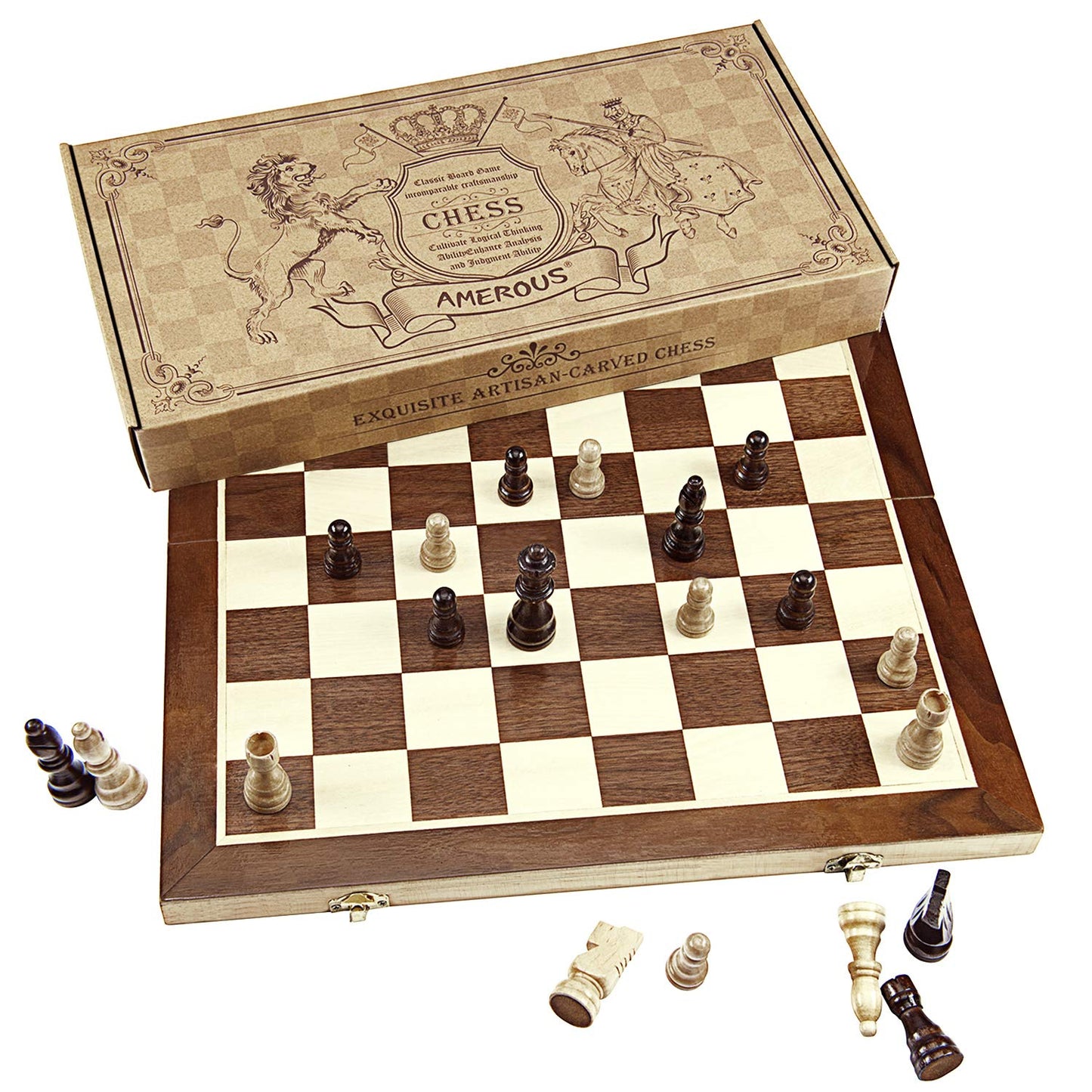 AMEROUS Chess Set, 15"x15" Folding Magnetic Wooden Standard Chess Game Board Set with Wooden Crafted Pieces and Chessmen Storage Slots