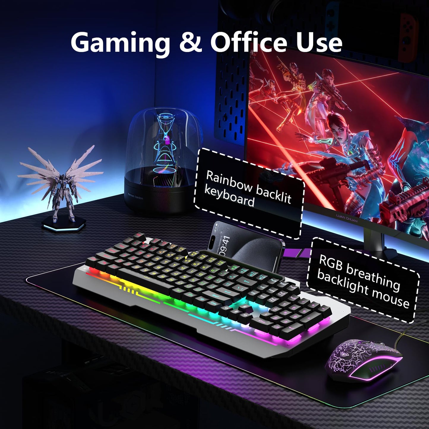 AULA Gaming Keyboard, 104 Keys Gaming Keyboard and Mouse Combo with Rainbow Backlit Quiet Computer Keyboard, All-Metal Panel, Waterproof Light Up PC Keyboard, USB Wired Keyboard for MAC Xbox PC Gamers - amzGamess