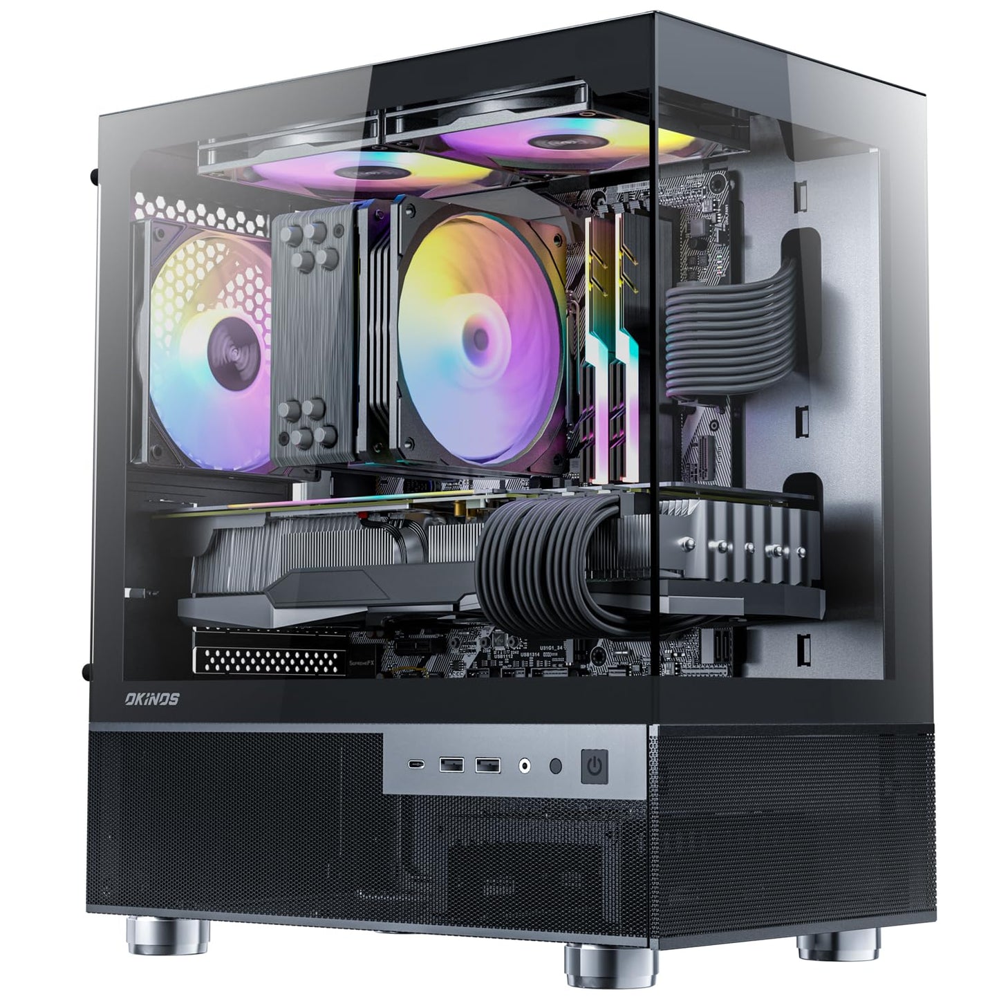 Okinos Aqua 3, Micro ATX Case, MATX PC Case with 3 X 120mm ARGB Fan Pre-Installed, Panoramic View Tempered Glass Front & Side Panel, with Type C Port, Black