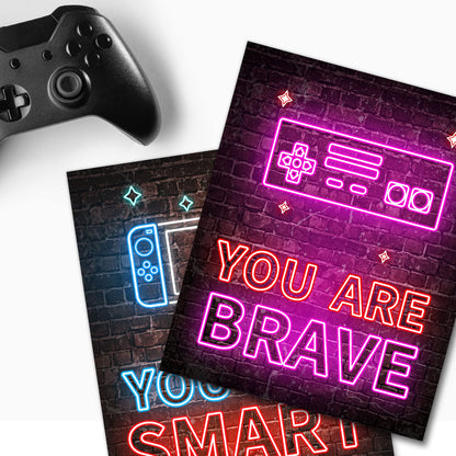 Neon Video Game Decor Set of 4(8"x10"), Boys Room Decorations for Bedroom, Encouragement Gaming Wall Art for Kids Boy Playroom Home Decor, gamer wall art, Teen boy bedroom, No Frames