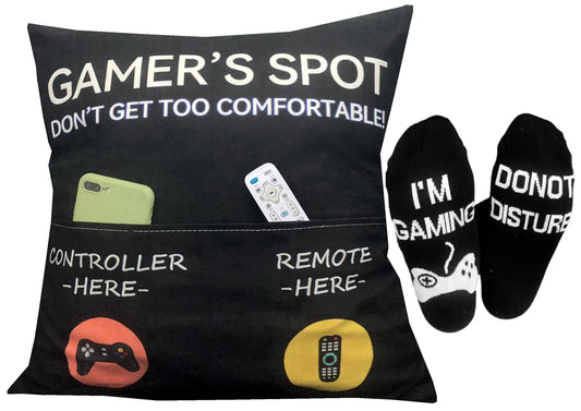 Gamer Gifts, Pocket Design Throw Pillow Covers 18 x 18 Inch + Gamer Socks, Gaming Room Décor Stocking Stuffers Easter Basket Stuffers for Teen Boys Girls Men Father Boyfriends - amzGamess