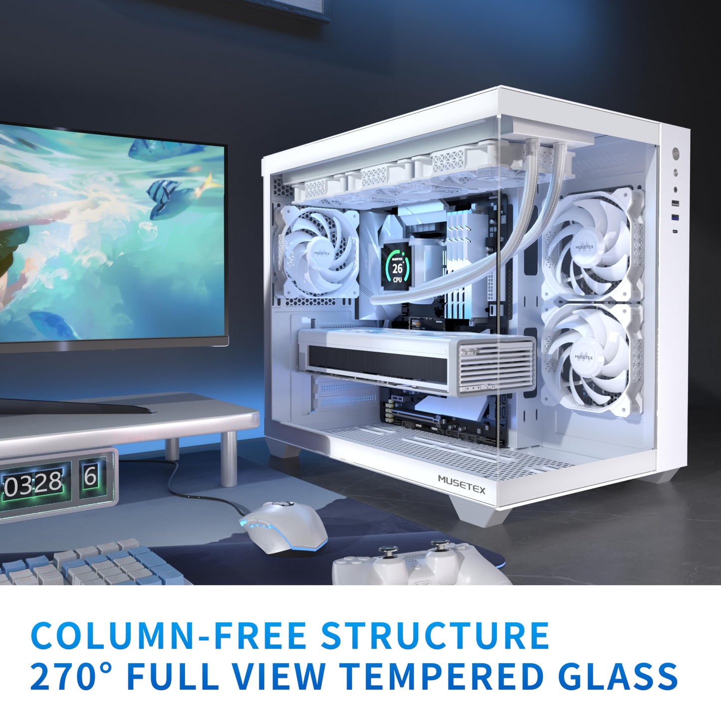 MUSETEX ATX PC Case, 3 x 120mm Fans Pre-Installed, 360MM RAD Support, 270° Full View Tempered Glass Gaming PC Case with Type-C, Mid Tower ATX Computer Case, White, Y6