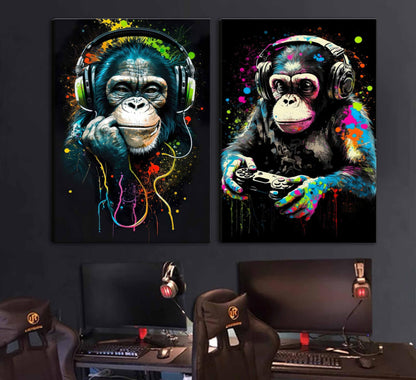 Graffiti Gaming Canvas Wall Art Game Room Decor Boys Gamer Controller Poster Animals Vintage Watercolor Cool Music Chimpanzee Pictures Painting Boys teeny Room Kids Game for Room Bedroom Decoration