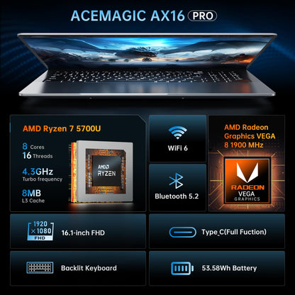 ACEMAGIC Laptop with Backlit Keyboard, Gaming Laptop with AMD Ryzen 7 5700U Processor(8C/16T, Up to 4.3GHz), 16.1-inch FHD Display, 16GB RAM 512GB ROM Laptop Computer Support WiFi 6, 53Wh Battery