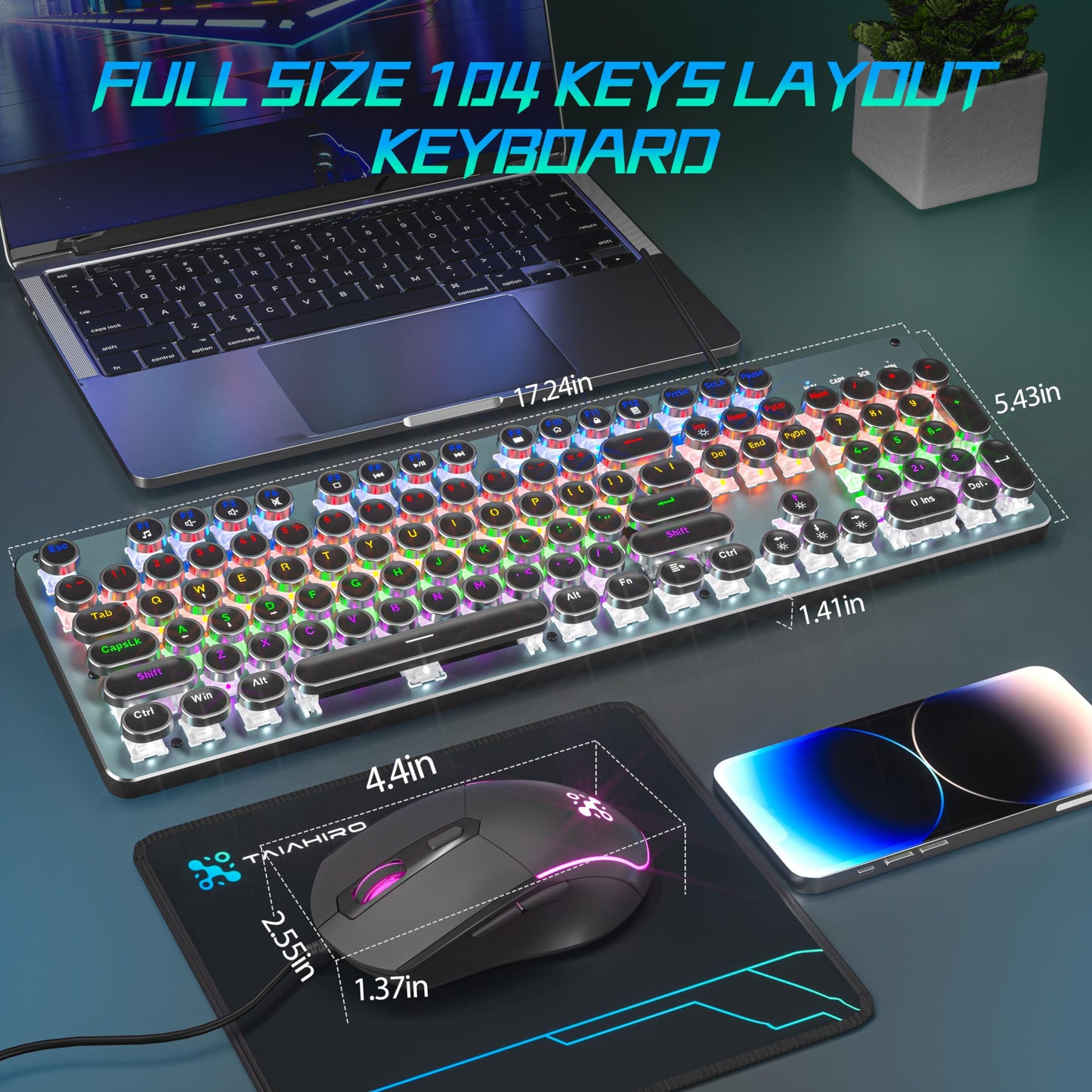 Typewriter Mechanical Gaming Keyboard and Mouse, Metal Panel Retro Keyboard with Round Keycap Blue Switch, RGB Backlit 104 Keys Anti-Ghost Wired Keyboard Mouse and Pad Combo for PC Laptop Mac Gamer