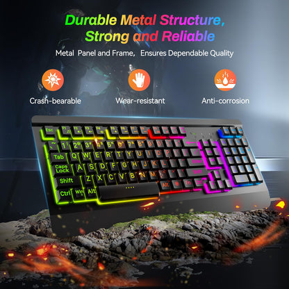 Acebaff Large Print Rainbow Backlit Gaming Keyboard, Wired USB Light Up Computer Keyboard with Big Letters Keys,12 Multimedia Keys, Wrist Rest, All-Metal Panel,Full Size Keyboard, for PC,Laptop - amzGamess