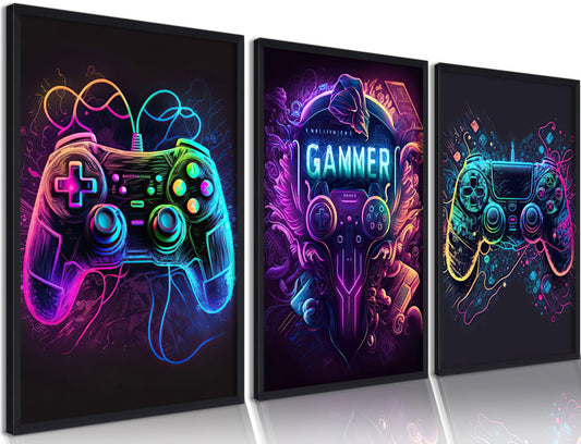 Riveda Poster Set of 3 for Gaming Wall Art, Boys Room Decor, 12"x16", Unframed, Game Handle Theme, Home Decor