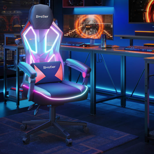 Bestier Gaming Chair with RGB LED Lights, Breathable Fabric Computer Chair with Pocket Spring Cushion and Linkage Armrests, Gaming Chairs for Adults with Adjustable Lumbar Support(Black Red)