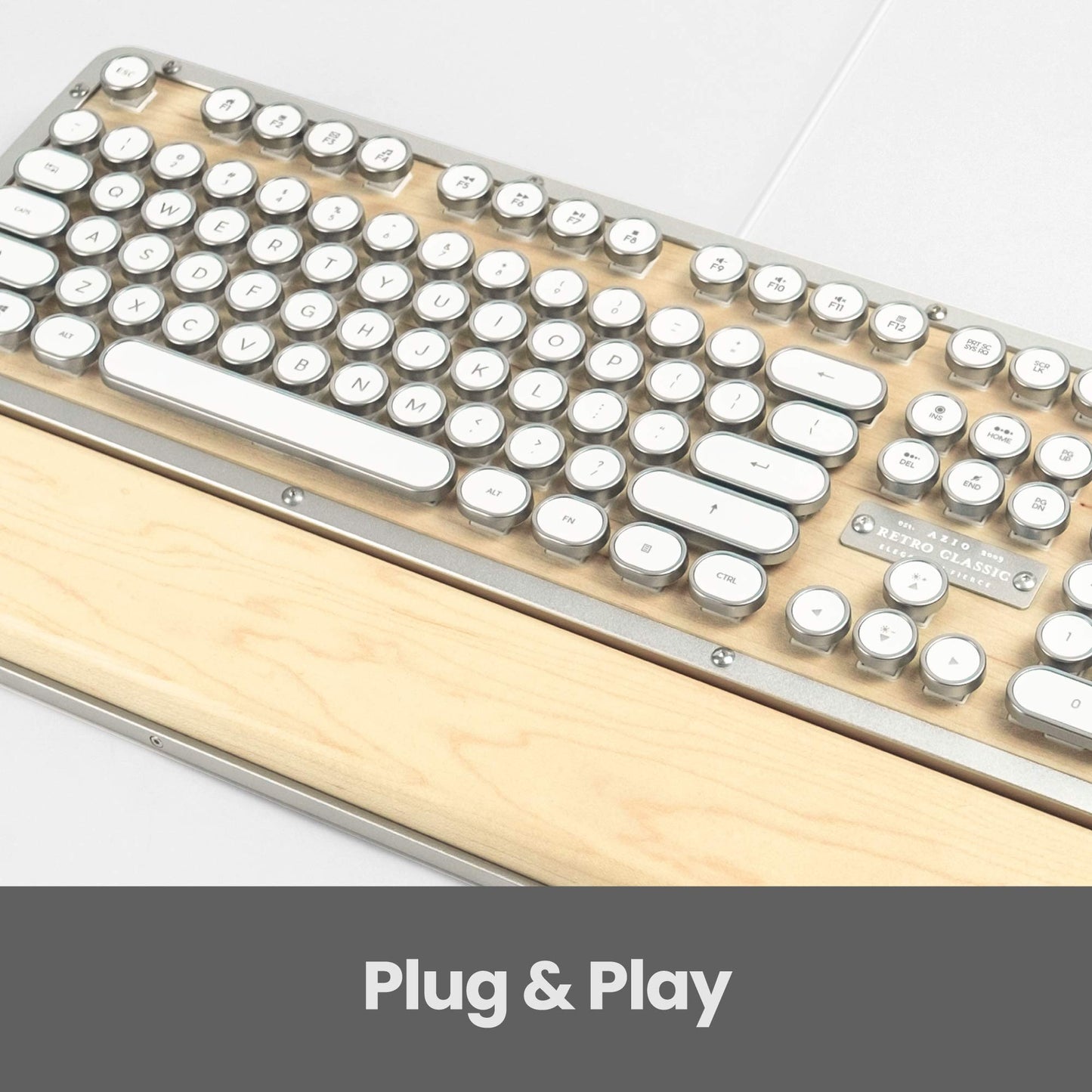 Azio Retro Classic USB (Maple)- Wired Backlit Vintage Maple Wood Mechanical Keyboard for PC (MK-RETRO-W-02-US)