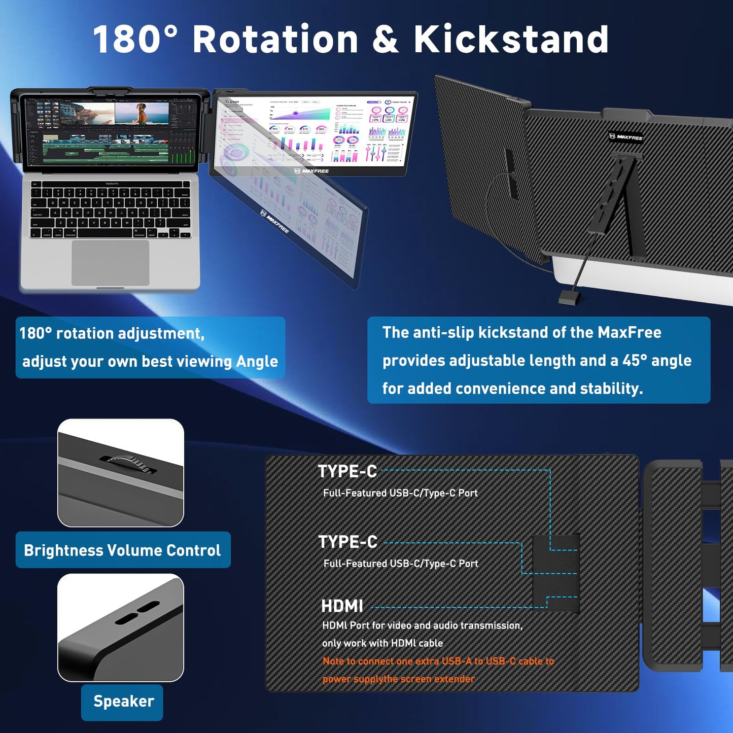 Maxfree S1 Laptop Screen Extender - 14'' Laptop Monitor Extender Plug & Play, 1080P FHD Portable Monitor for 13-17'' Laptops, Compatible with macOS/Windows/Dex/Android/Switch/PS5