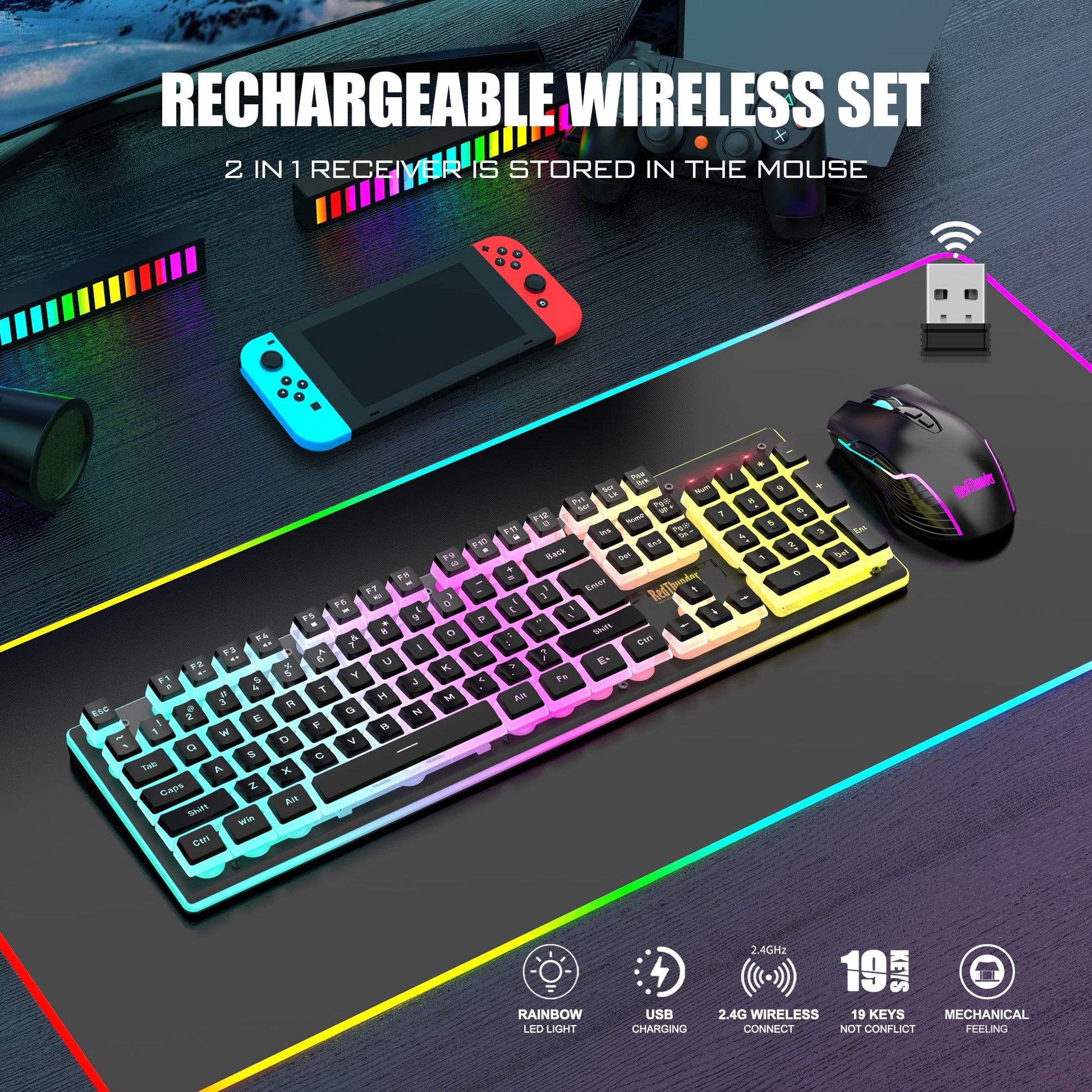 RedThunder K10 Wireless Gaming Keyboard and Mouse Combo, RGB Backlit Rechargeable 3800mAh Battery, Mechanical Feel Anti-ghosting Keyboard with Pudding Keycaps + 7D 3200DPI Mice for PC Gamer (Black) - amzGamess