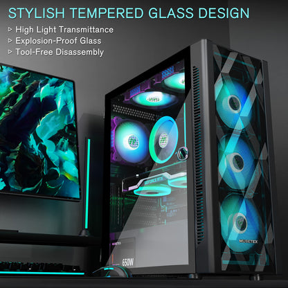 MUSETEX ATX PC Case Pre-Install 6 PWM ARGB Fans, Polygonal Mesh Computer Gaming Case, Opening Tempered Glass Side Panel Mid-Tower Case, USB 3.0 x 2, Black, NN8