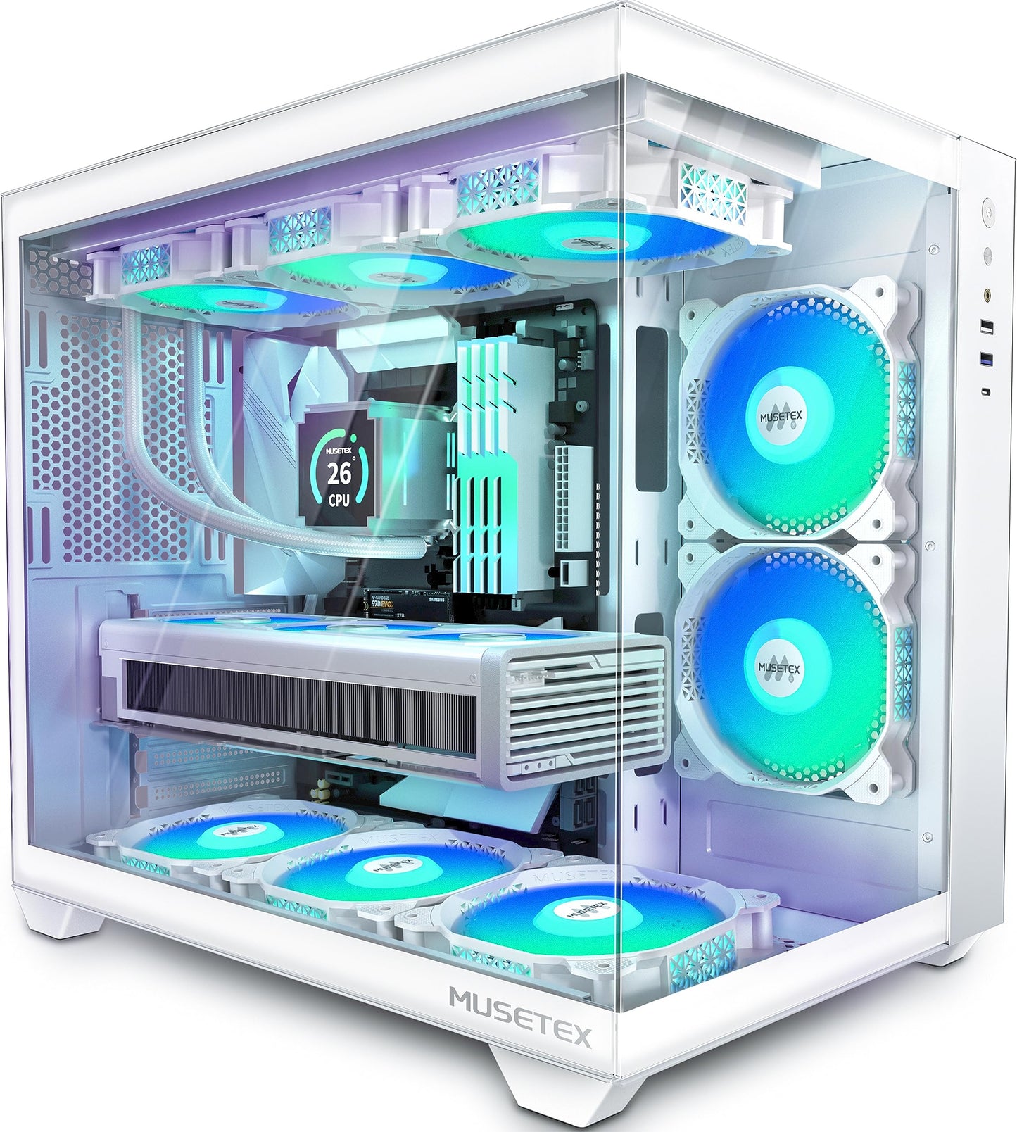 MUSETEX ATX PC Case,5 PWM ARGB Fans Pre-Installed,360MM RAD Support,Type-C Gaming 270° Full View Tempered Glass Mid Tower Pure White ATX Computer Case,Y6