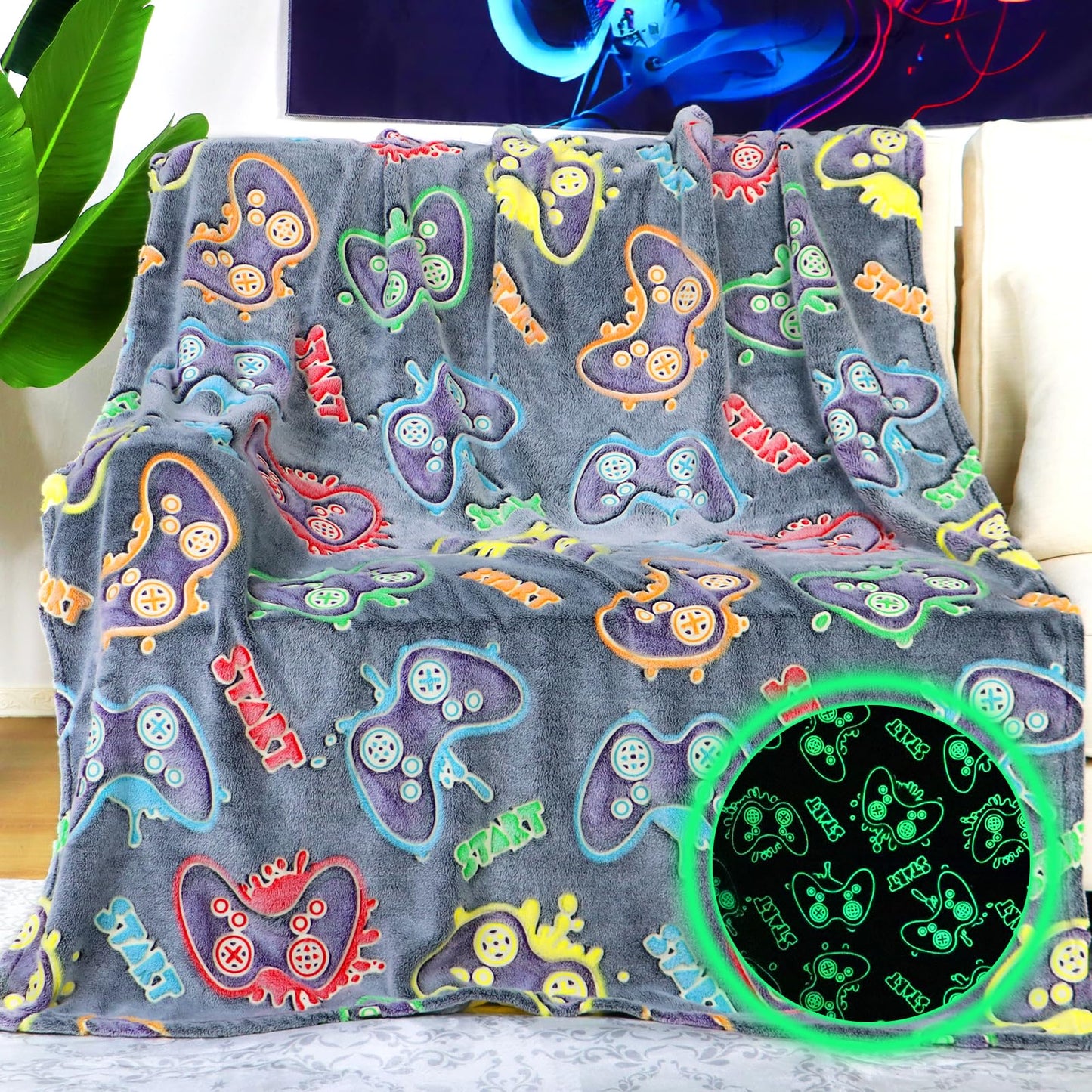 KIVEE Gaming Gifts Toys Blanket for Teen Boys Glow in The Dark Gaming Blanket for Men Boyfriends Gifts for Gamers Soft Fleece Gamer Blanket for Kids Birthday Christmas Valentines Gifts - amzGamess