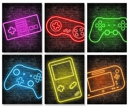 Neon Gaming Posters for Boys Room Decor, Boys Room Decorations for Bedroom, gamer wall art,Gamer, game console, Teen boy bedroom, game room, No Frames Set of 6 (8”X 10”) - amzGamess