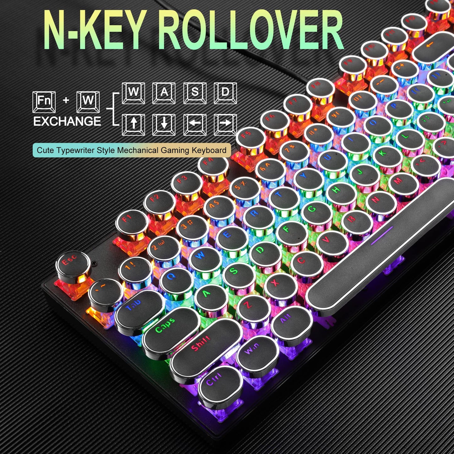 Camiysn Typewriter Style Mechanical Gaming Keyboard, Black Retro Punk Gaming Keyboard with RGB Backlit, 104 Keys Blue Switch Wired Cute Keyboard, Round Keycaps for Windows/Mac/PC - amzGamess