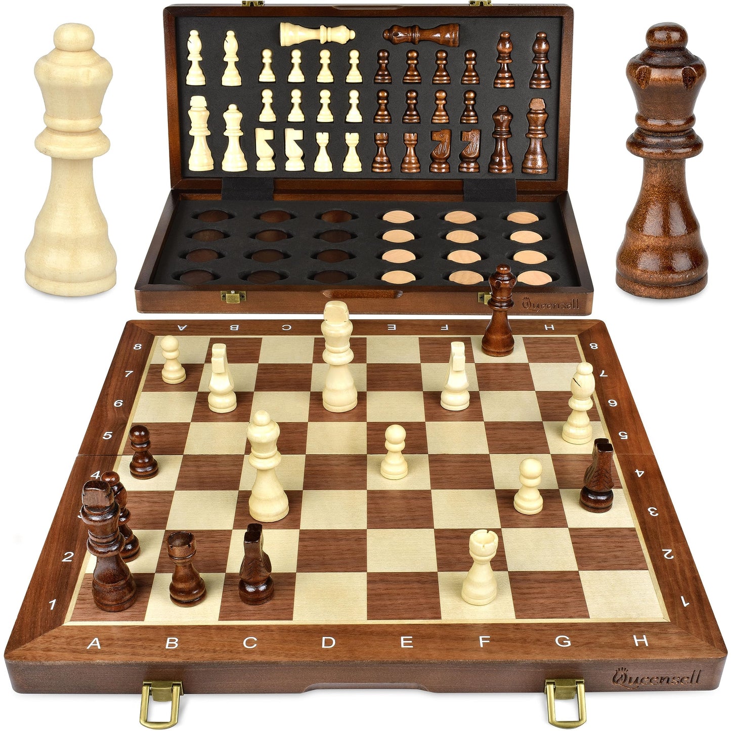 15-Inch Magnetic Chess Set - 2 in 1 Chess and Checkers Board Game for Adults and Kids - Tournament Chessboard with Wooden Pieces
