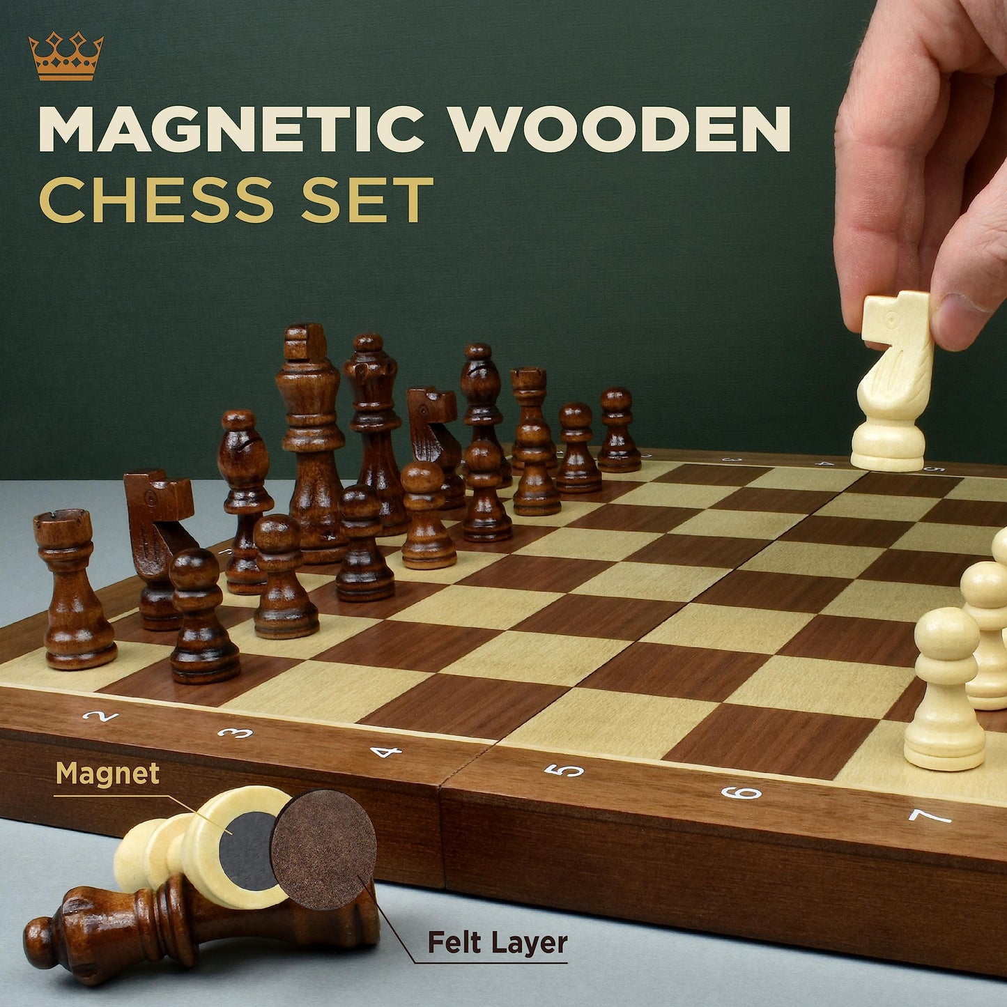 15-Inch Magnetic Chess Set - 2 in 1 Chess and Checkers Board Game for Adults and Kids - Tournament Chessboard with Wooden Pieces