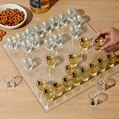 True Shot Glass Chess Game, Chess Board with Shot Glass Chess Pieces, Clear Glass and Frosted Glass, Chess Drinking Game